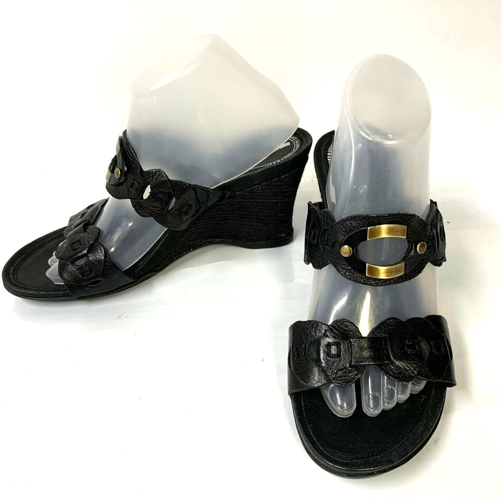 Rockport Black Leather Wedge Sandals APW13881 Women Size 9.5M Strappy‎ Slide